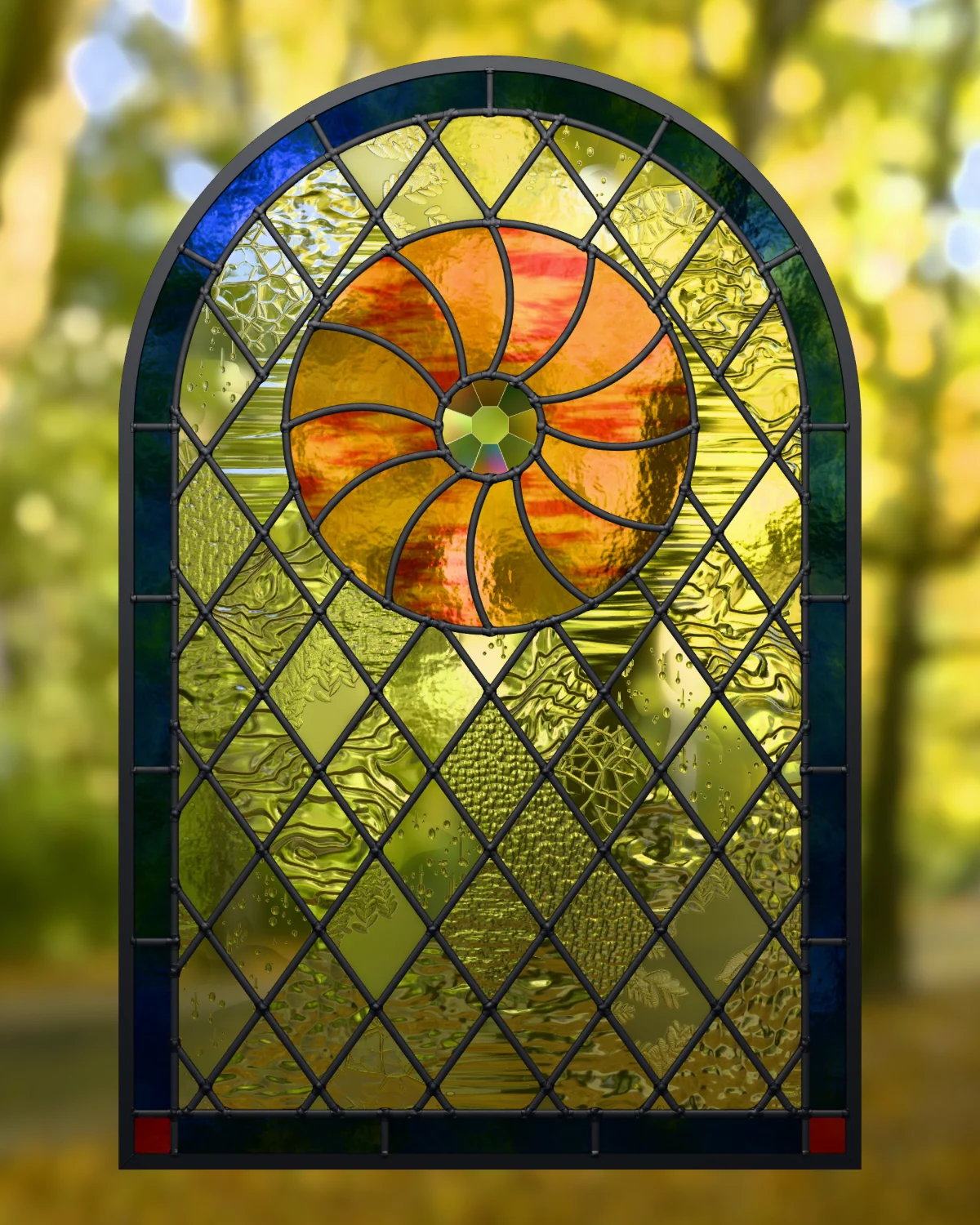 Sunwheel window in its first colourway, lit by a golden evening behind it: a cobalt border, an amber rosette round a pressed jewel, and clear textured quarries.