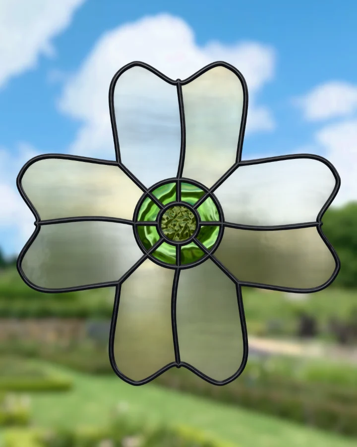 Dogwood suncatcher glazed, lit from behind.