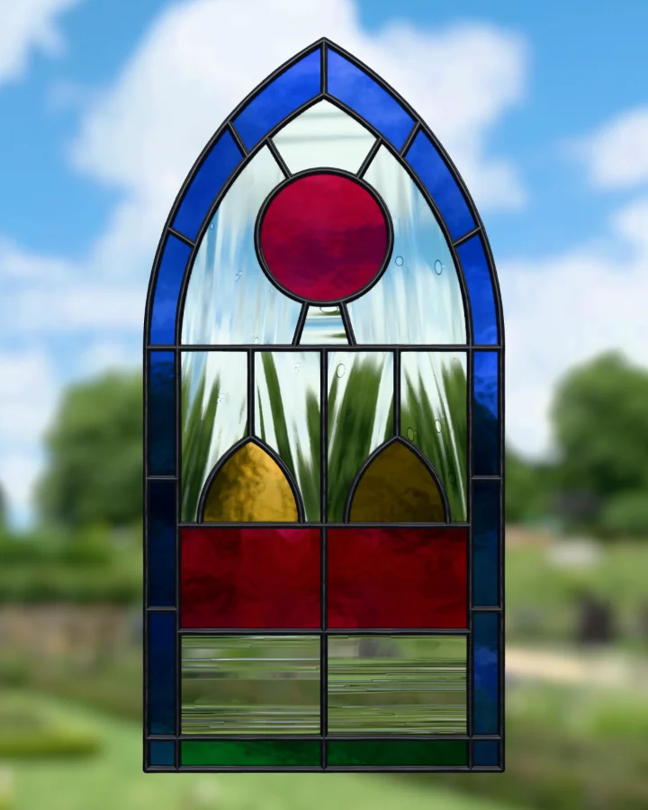 Gothic window suncatcher glazed, lit from behind.