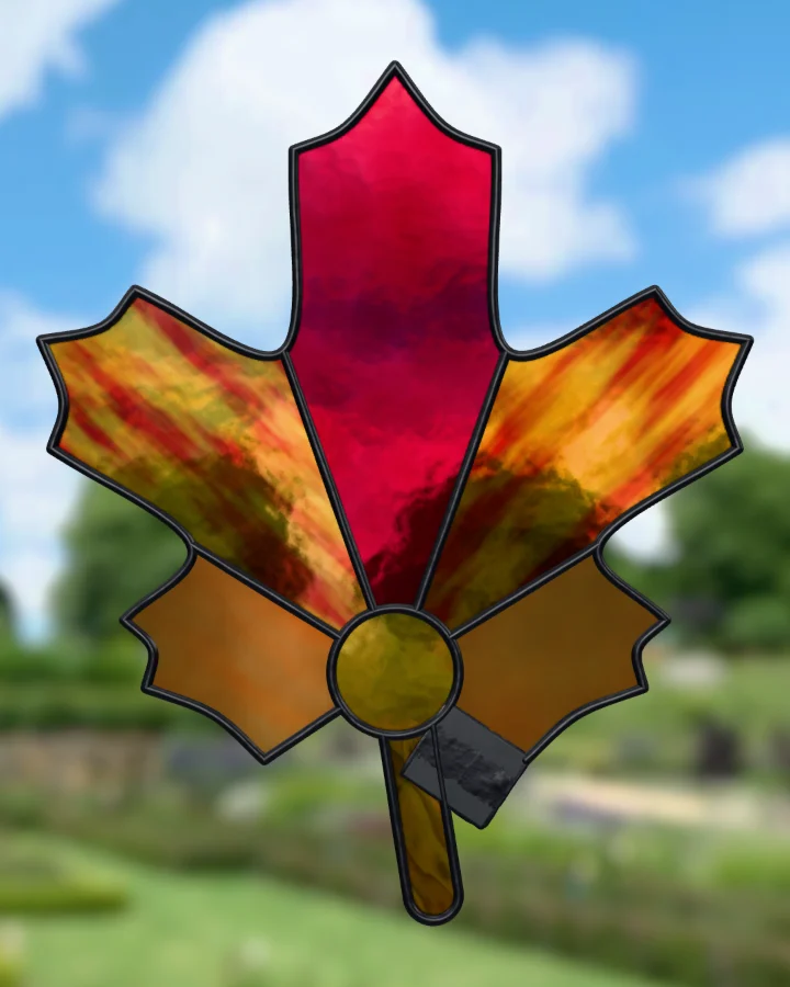 Maple leaf suncatcher glazed, lit from behind.
