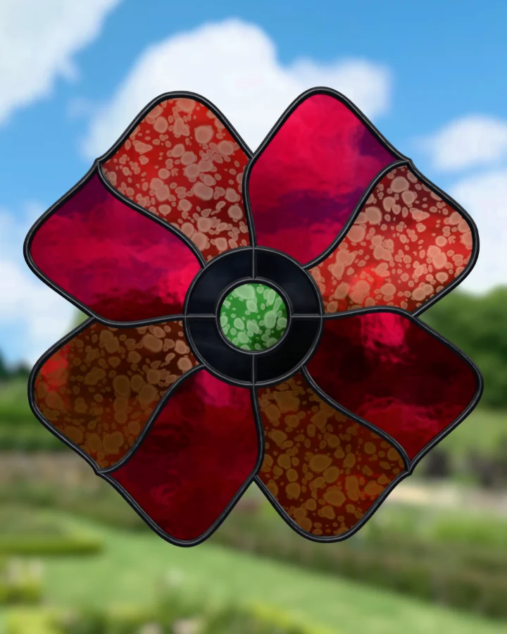 Poppy suncatcher glazed, lit from behind.