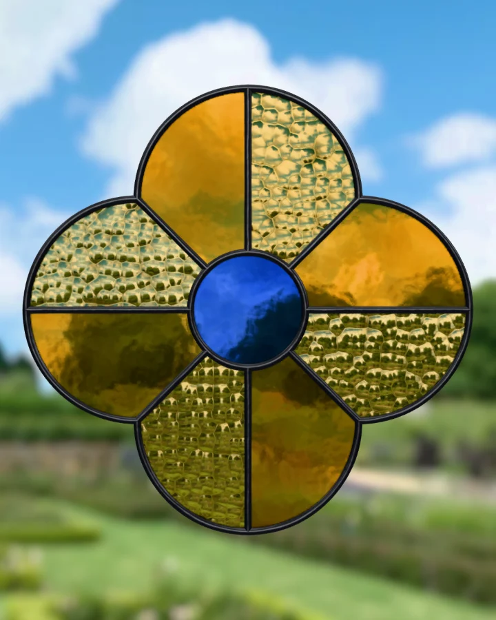 Quatrefoil suncatcher glazed, lit from behind.
