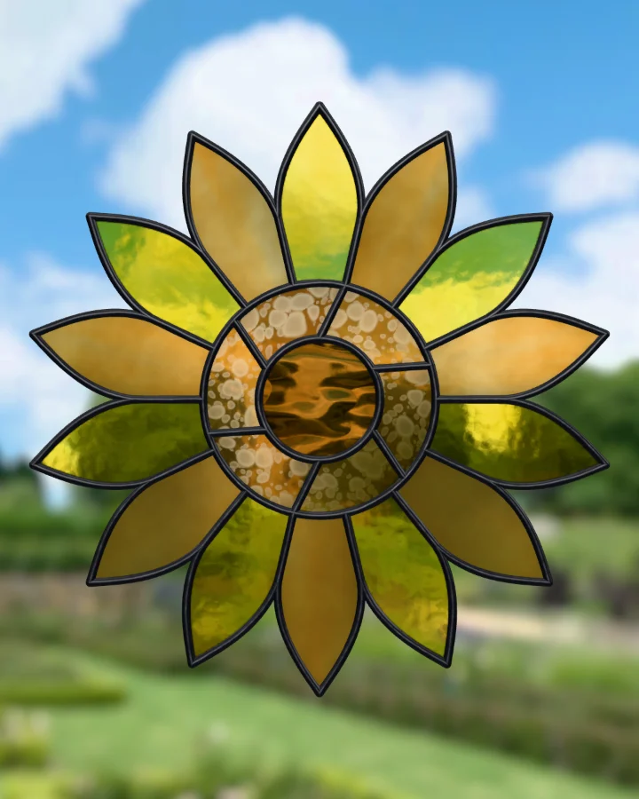 Sunflower suncatcher glazed, lit from behind.