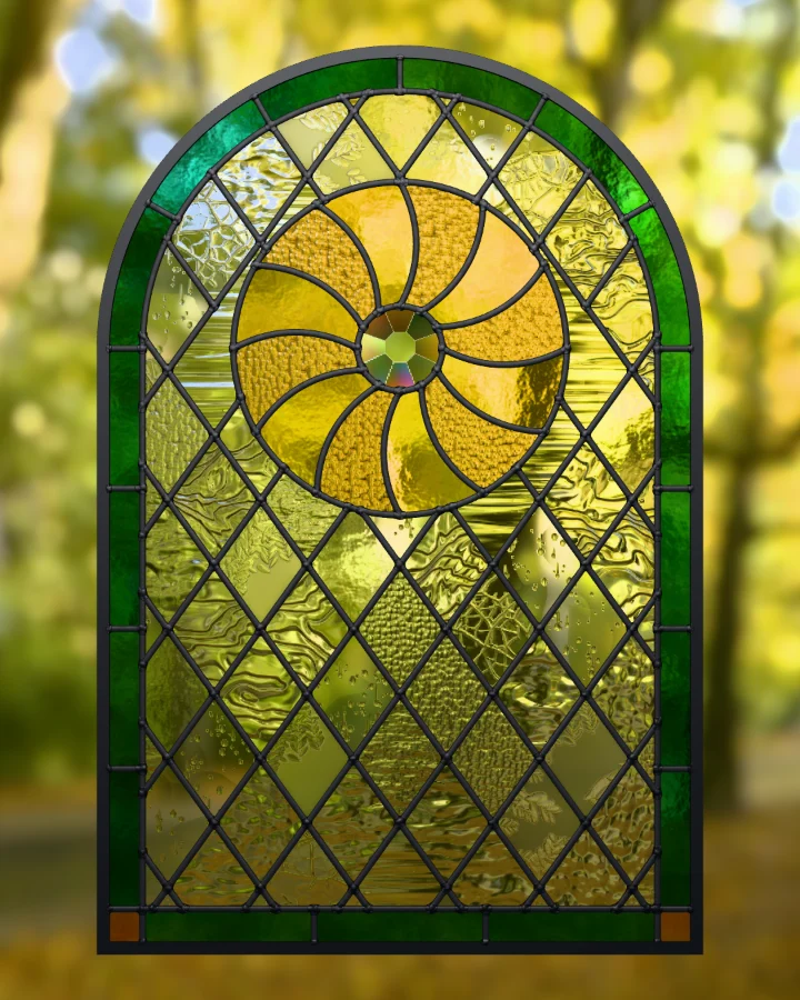 Sunwheel window in its Emerald and gold colourway, lit from behind.