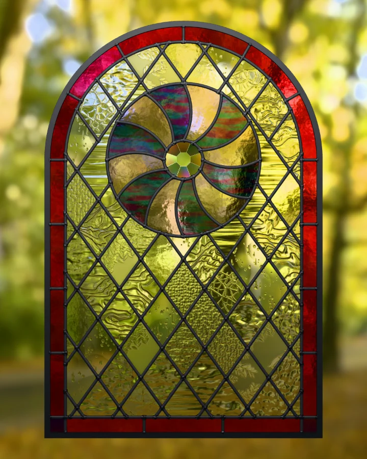 Sunwheel window in its Ruby and violet colourway, lit from behind.