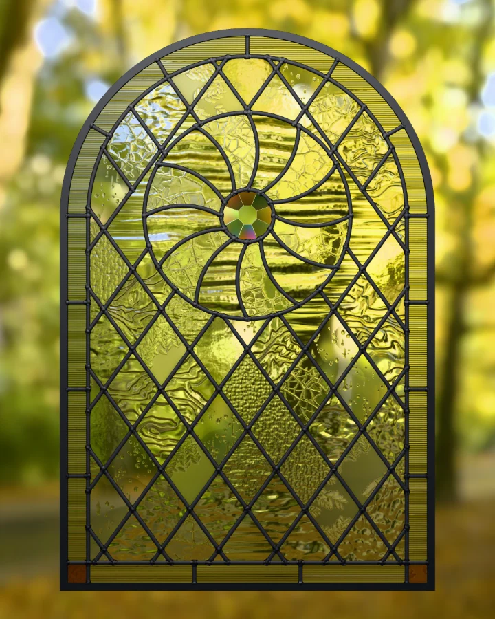 Sunwheel window in its Clear colourway, lit from behind.